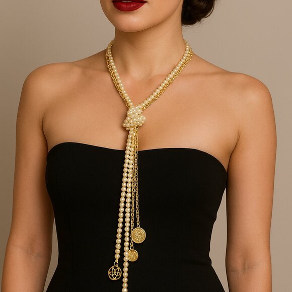 Multi-Strand Pearl & Gold Chain Necklace with Knot & Charm Tassel – 40 Inches - Picture 1 of 5